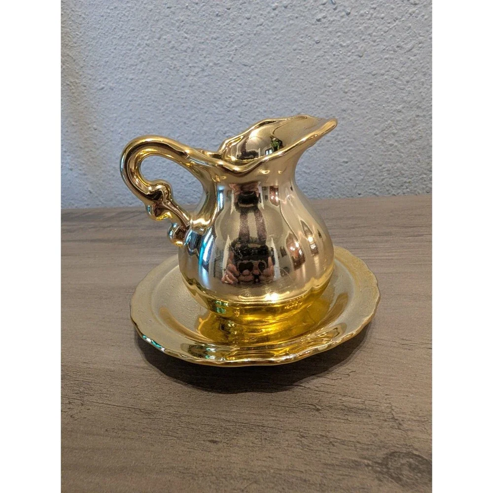 Vintage Made in Japan Gold Luster Peacock Pitcher Basin Bowl Set Floral Bird